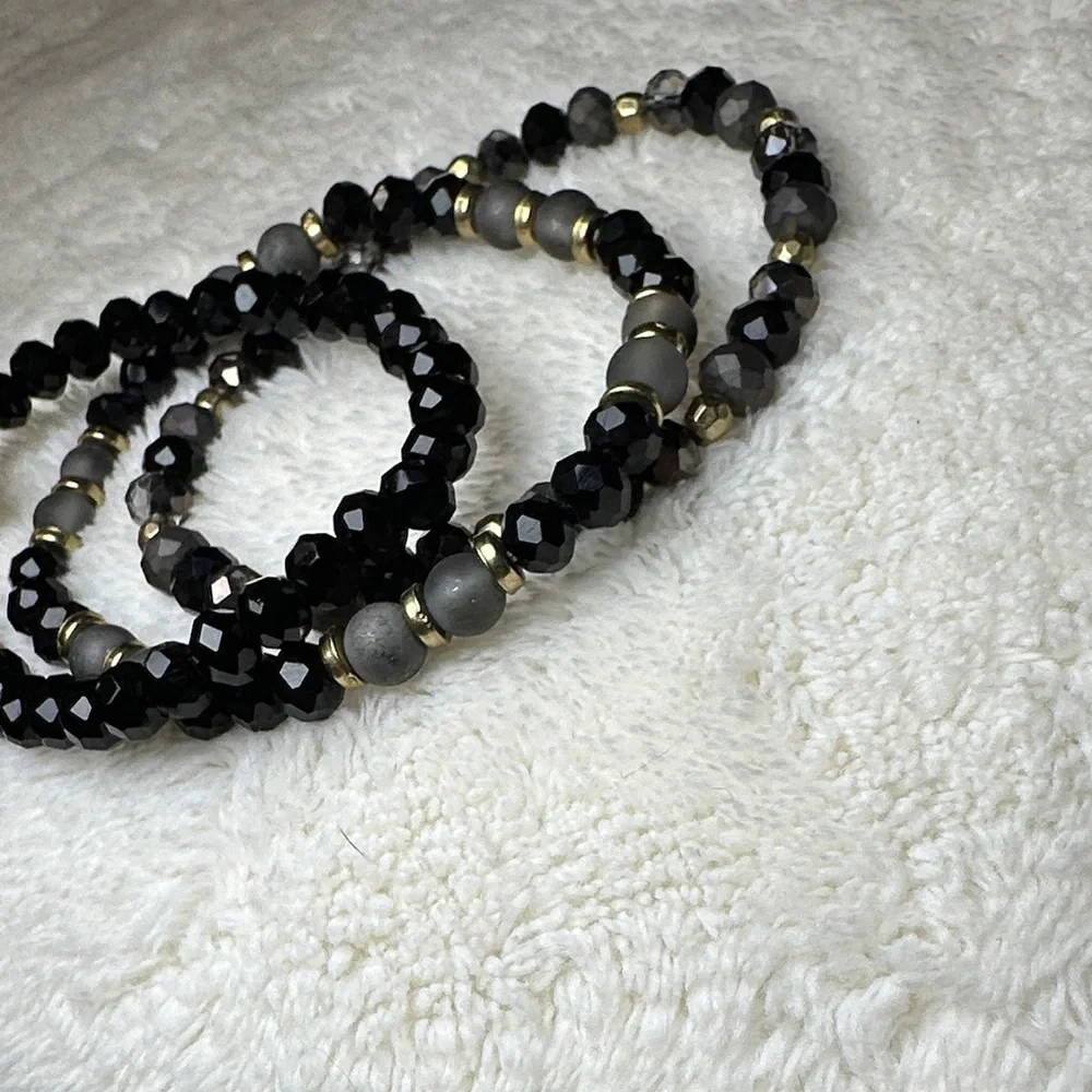 Beaded Bracelet Set of 3 w/Cross Charm on Black & Mirrored Grey & Gold Tone NWOT